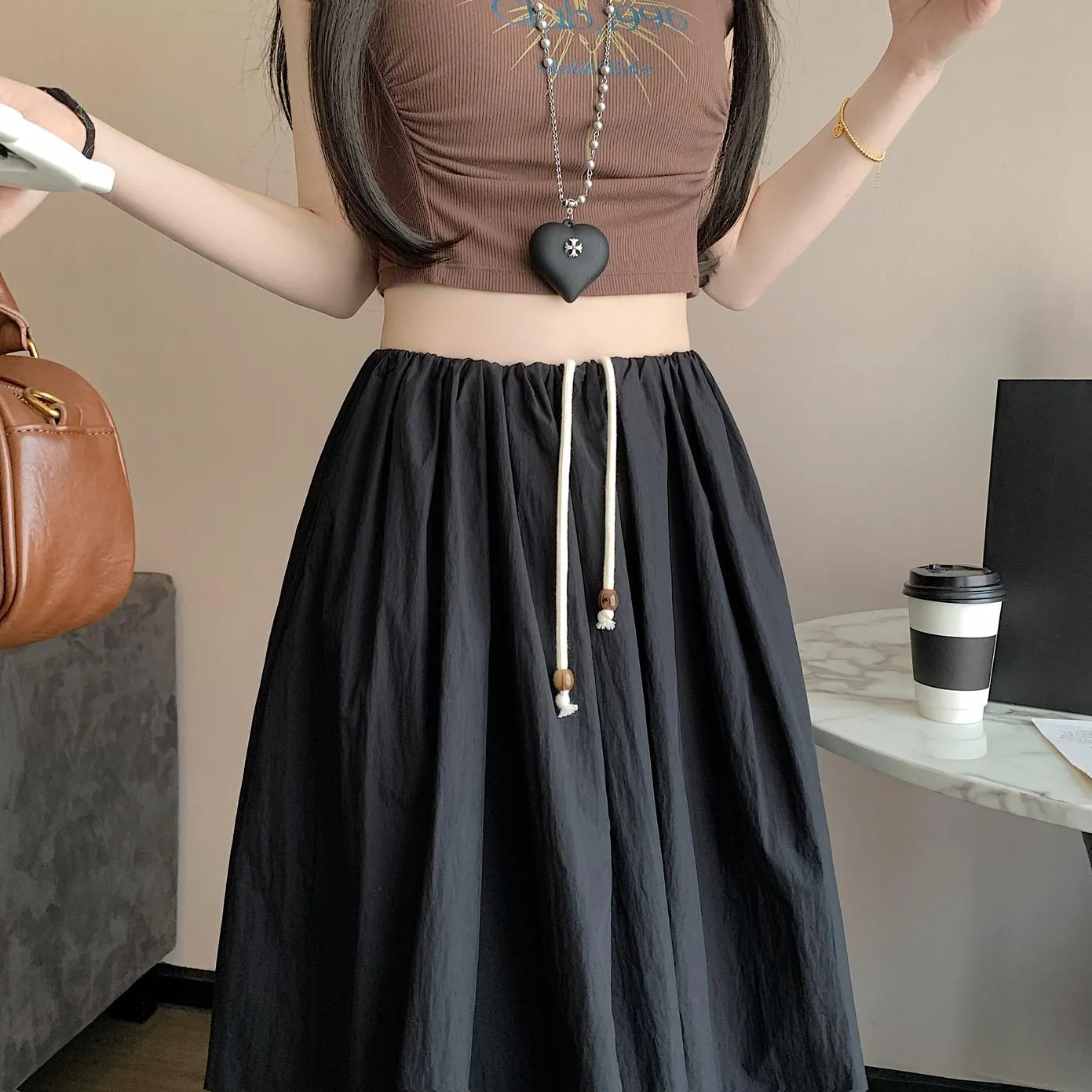 Stylish Mid-Waist A-line Skirt with Pleats and Drawstring