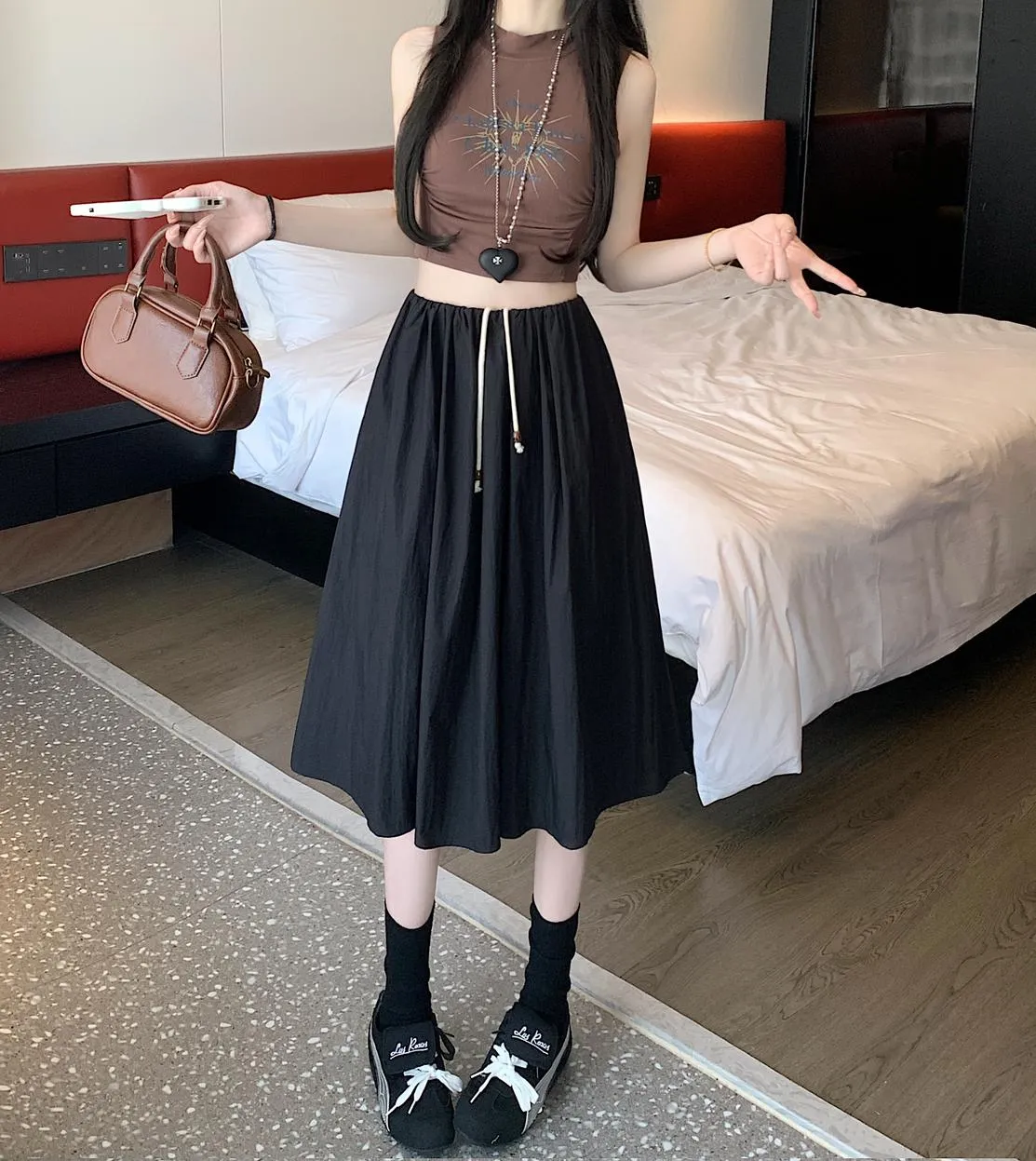 Stylish Mid-Waist A-line Skirt with Pleats and Drawstring