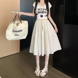 Stylish Mid-Waist A-line Skirt with Pleats and Drawstring