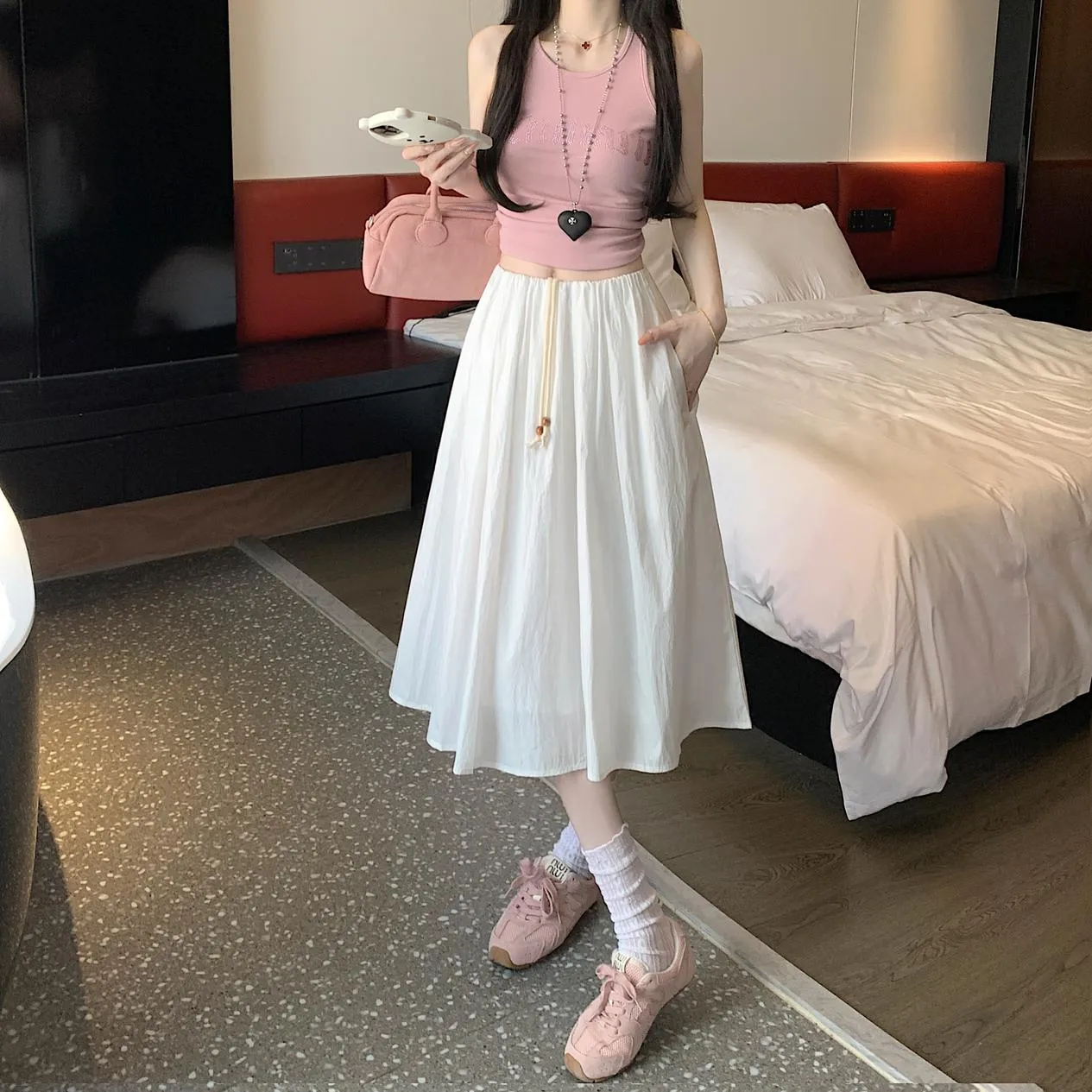 Stylish Mid-Waist A-line Skirt with Pleats and Drawstring