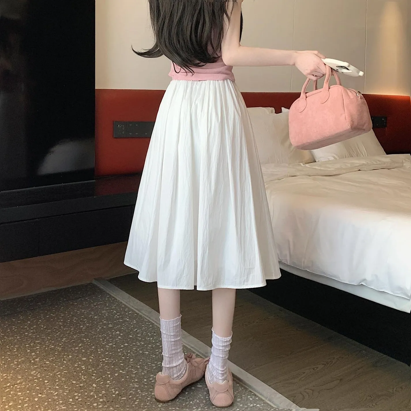 Stylish Mid-Waist A-line Skirt with Pleats and Drawstring
