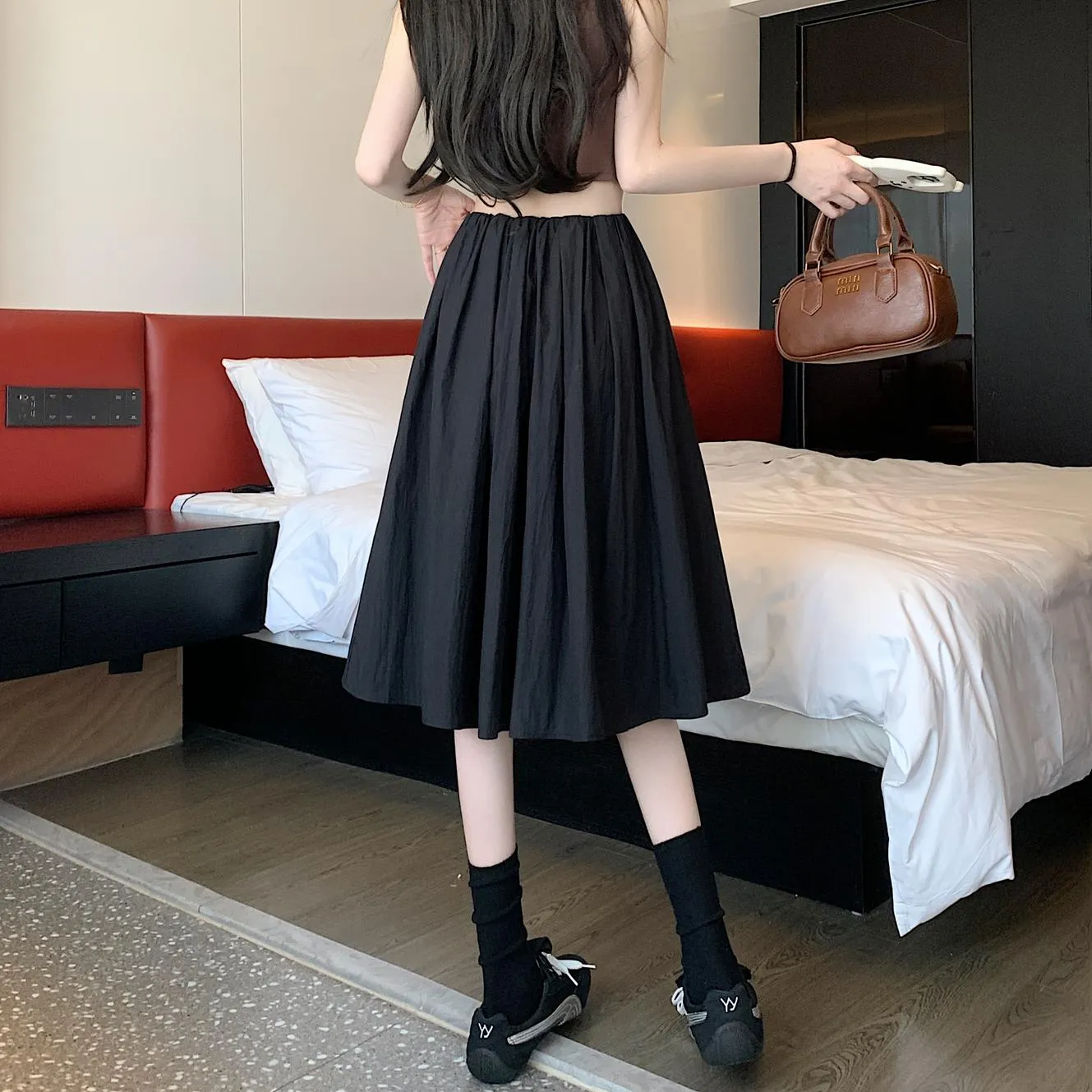 Stylish Mid-Waist A-line Skirt with Pleats and Drawstring