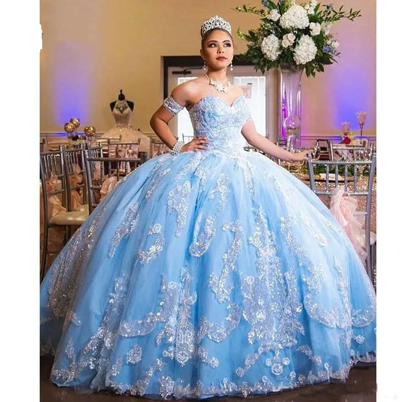 sweet 16 dresses pageant dresses for women blue lace applique sparkly ball gown prom dresses 2021