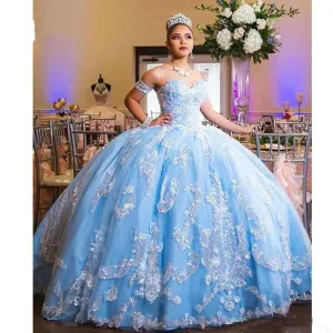 sweet 16 dresses pageant dresses for women blue lace applique sparkly ball gown prom dresses 2021
