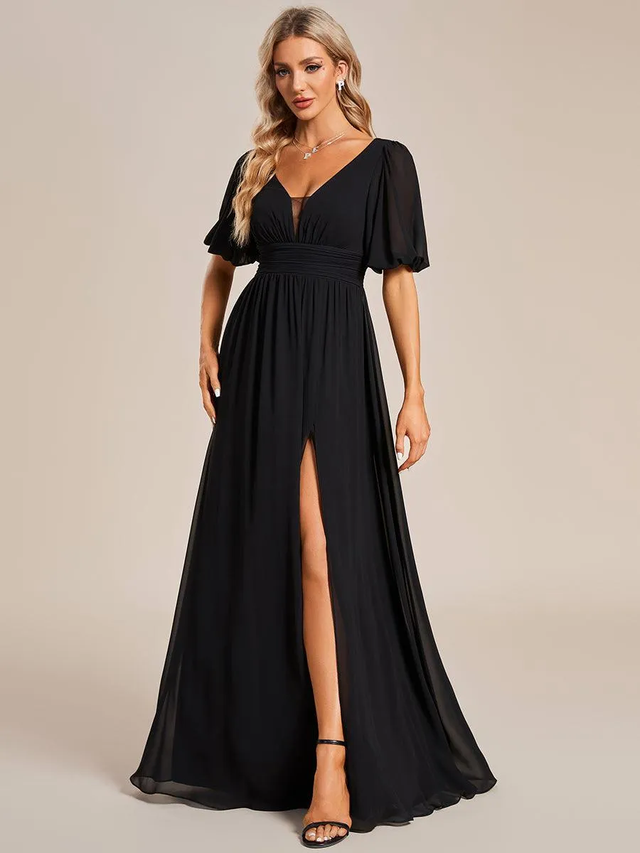 Taille personnalisée Robe de soirée Mousseline Manches courtes col en V
