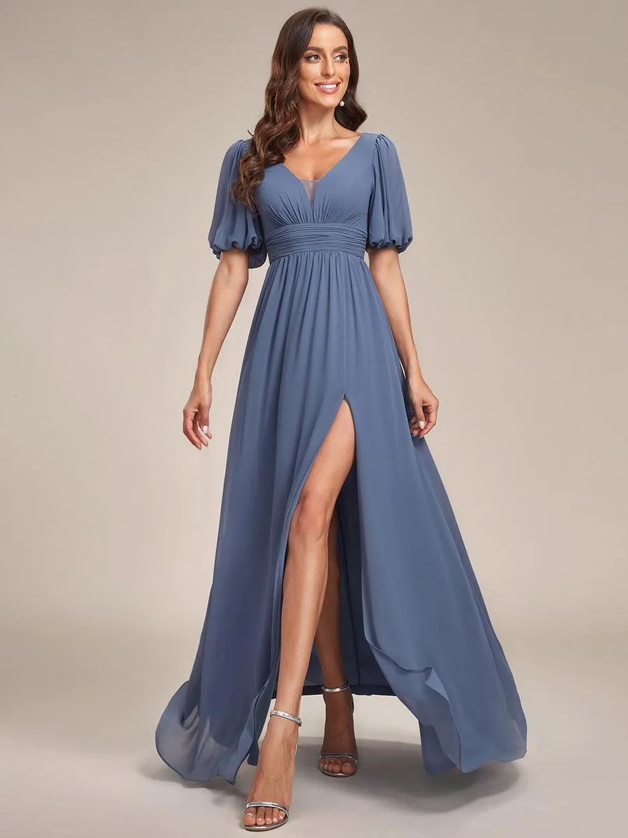 Taille personnalisée Robe de soirée Mousseline Manches courtes col en V