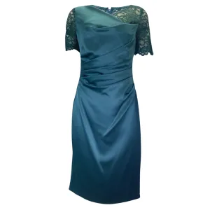 Talbot Runhof Korfu Teal Ruched Lace Detail Satin Midi Dress