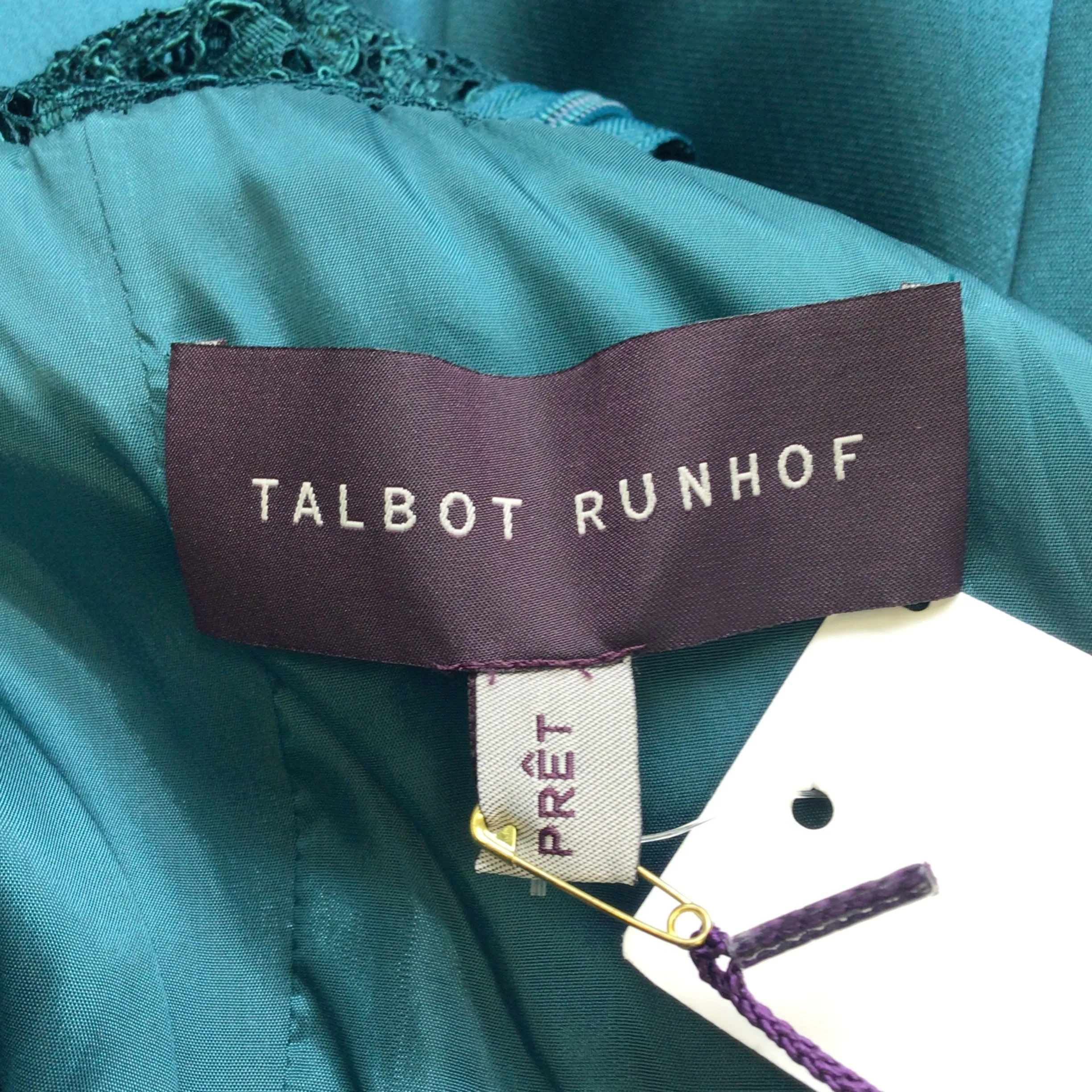 Talbot Runhof Korfu Teal Ruched Lace Detail Satin Midi Dress