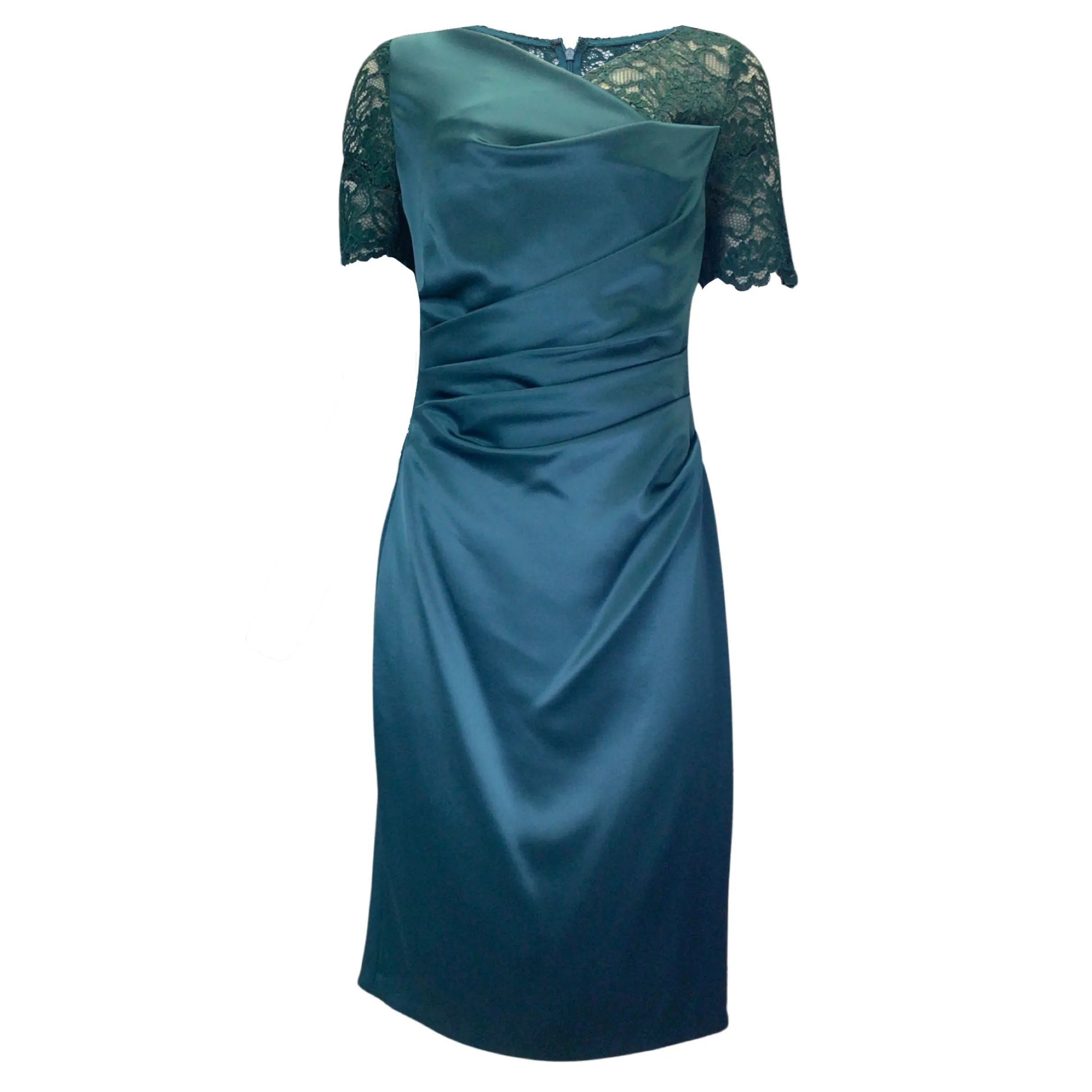 Talbot Runhof Korfu Teal Ruched Lace Detail Satin Midi Dress