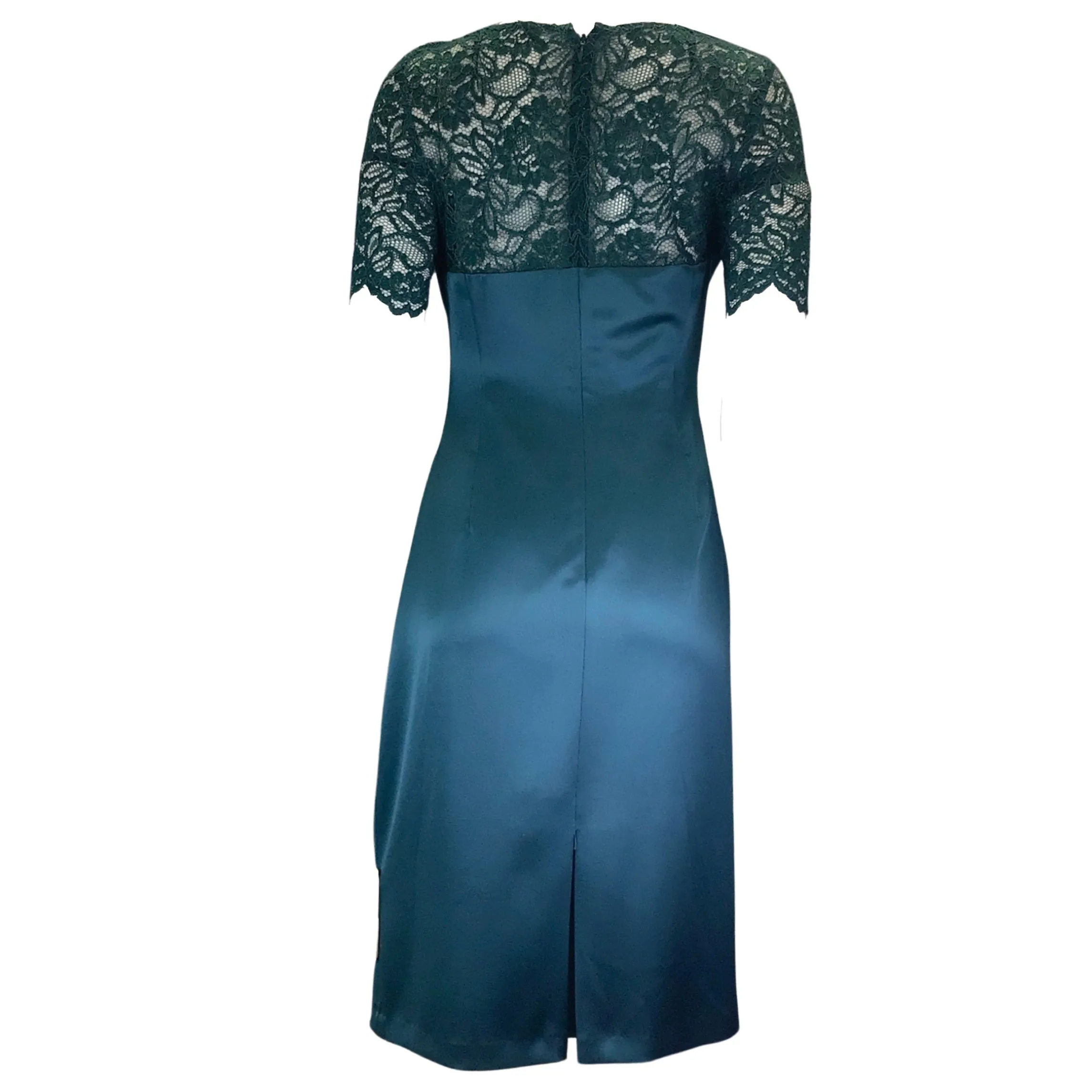 Talbot Runhof Korfu Teal Ruched Lace Detail Satin Midi Dress