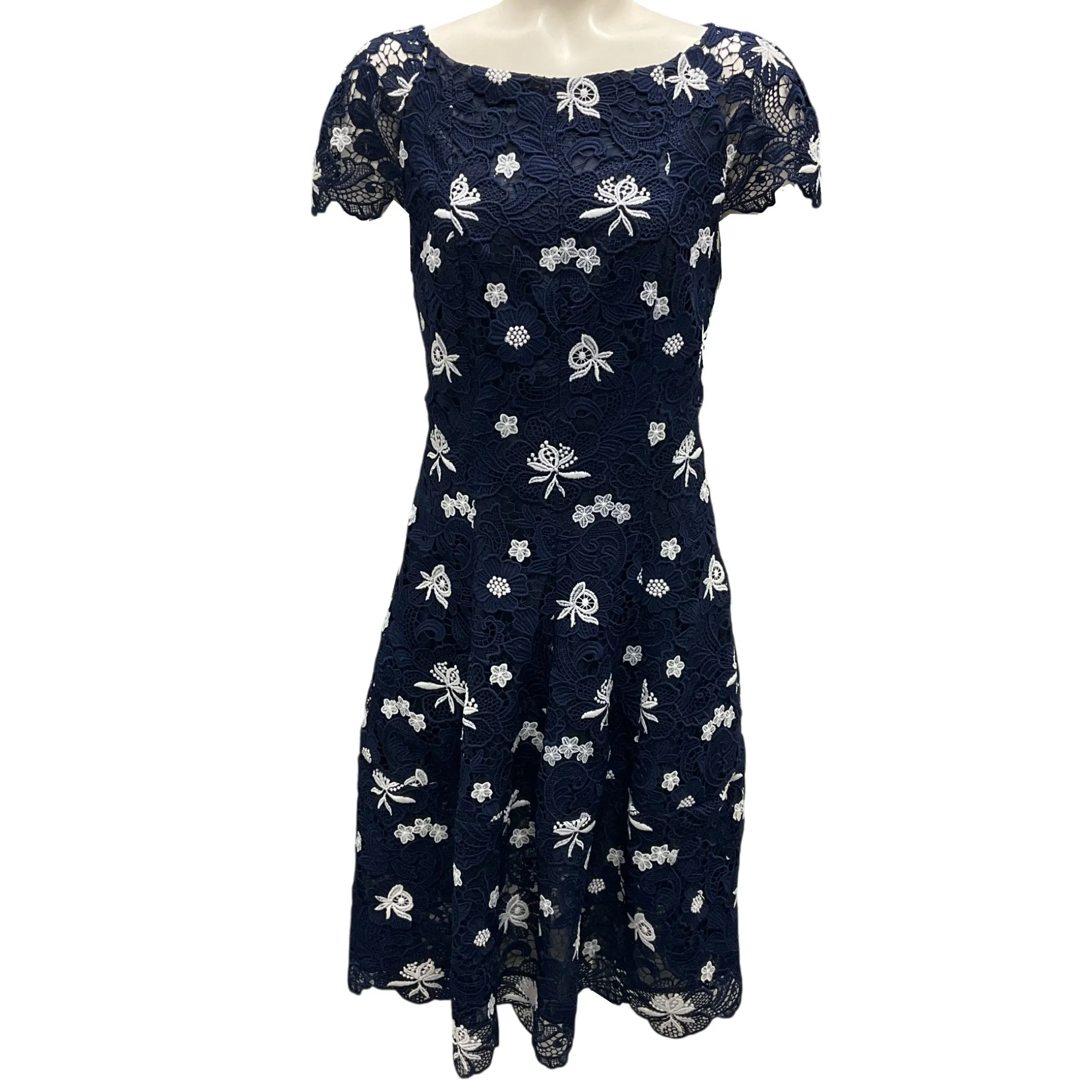 Talbot Runhof Navy Blue / White Embroidered Lace Cocktail Dress