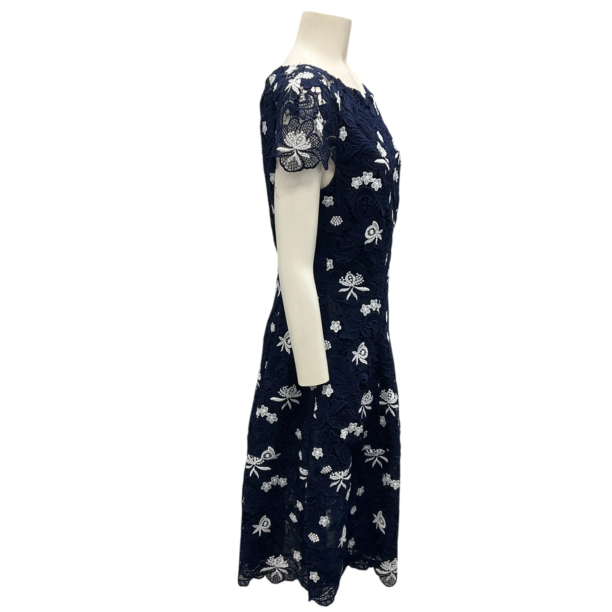 Talbot Runhof Navy Blue / White Embroidered Lace Cocktail Dress