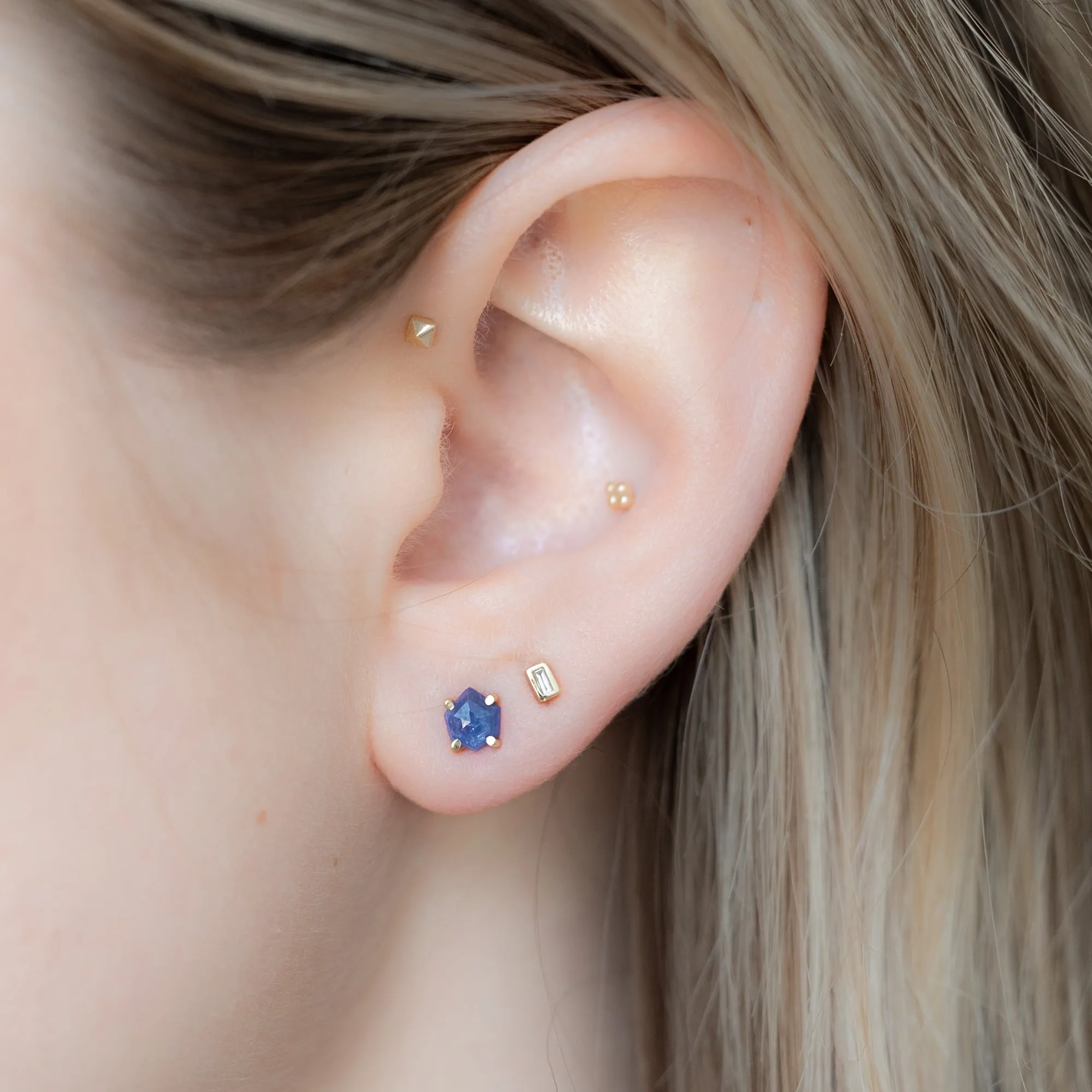 The Hexagon Blue Sapphire Stud Earrings | 14K Yellow Gold
