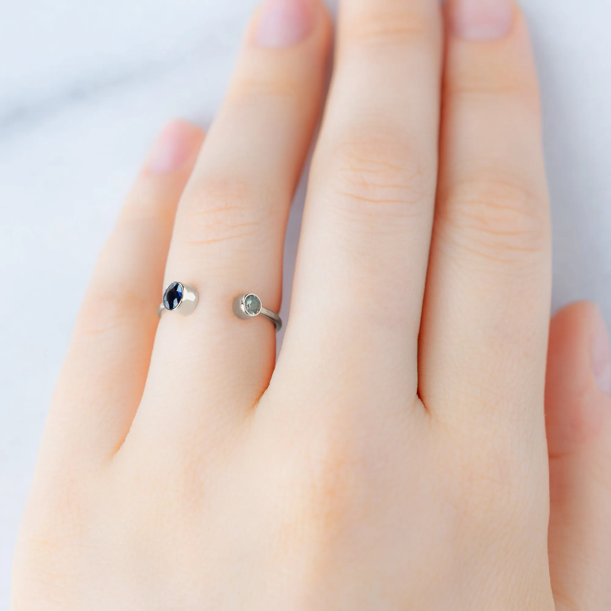 The Open Cuff Blue   Green Sapphire Ring | Sterling Silver