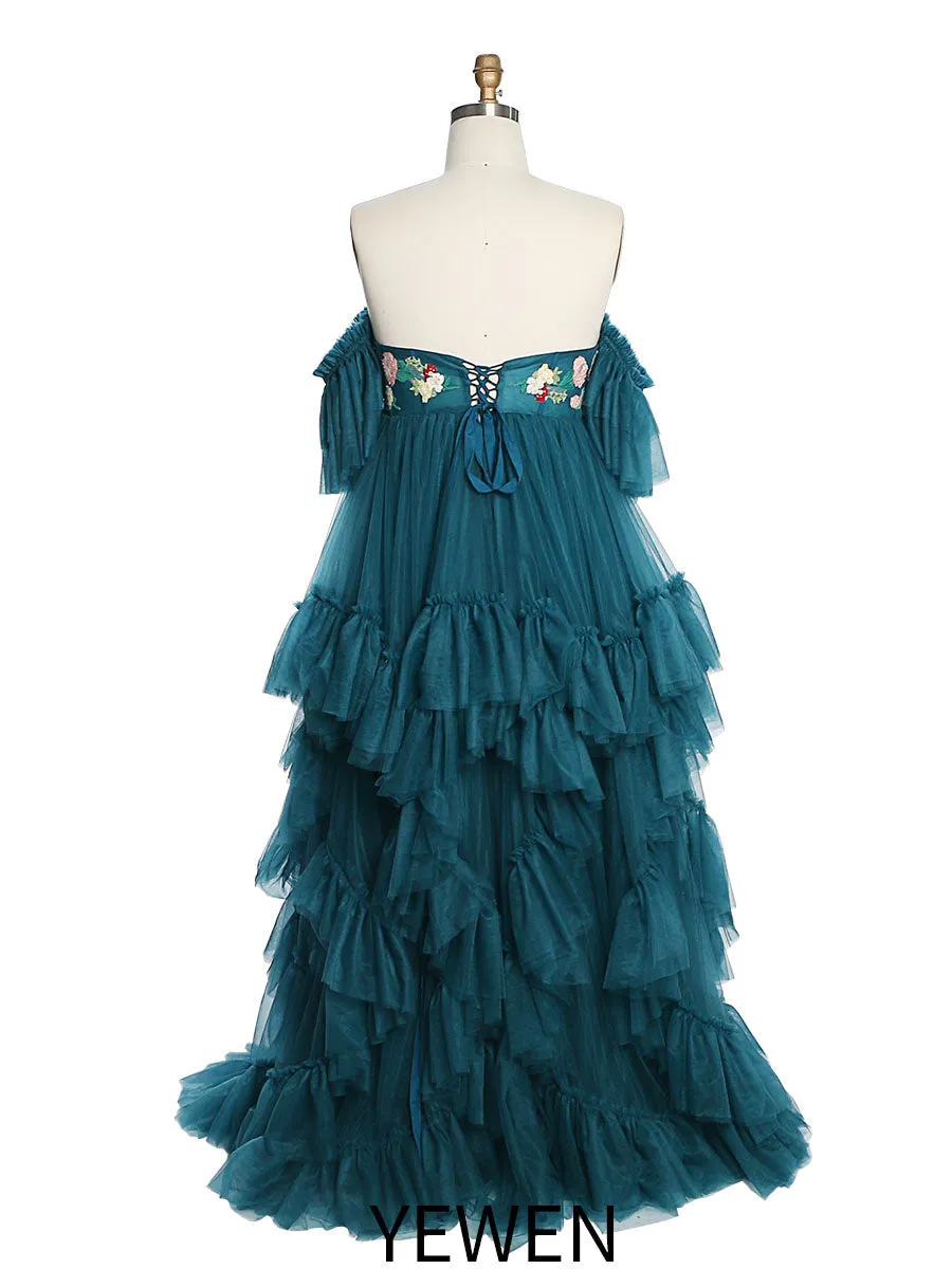 Tulle with Embroidery Lace Maternity Dress for Photo Shoot Ruffles Maxi Woman Photography Dress Outfit YW220628
