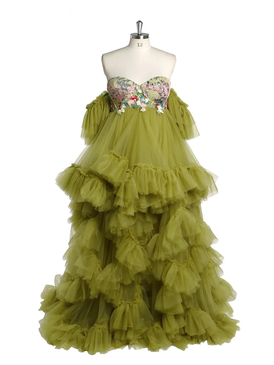 Tulle with Embroidery Lace Maternity Dress for Photo Shoot Ruffles Maxi Woman Photography Dress Outfit YW220628