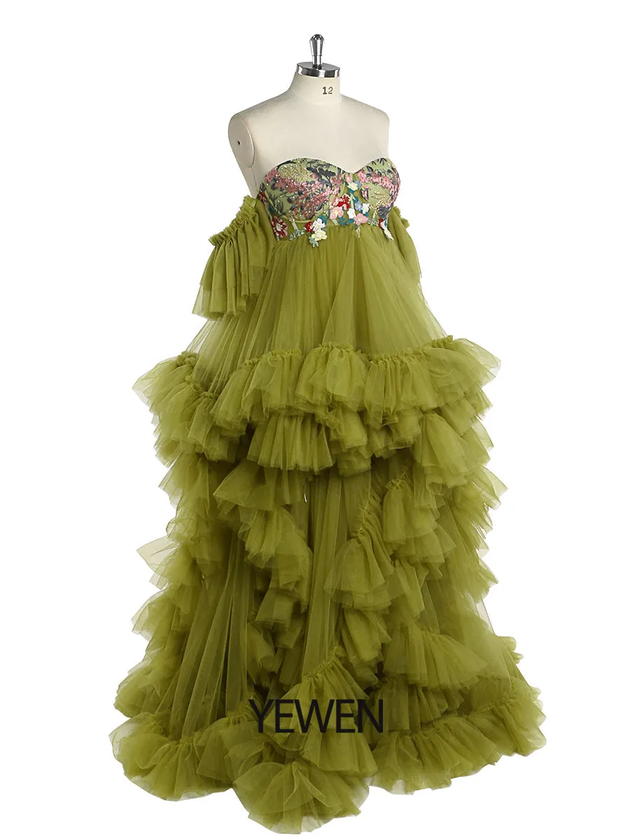 Tulle with Embroidery Lace Maternity Dress for Photo Shoot Ruffles Maxi Woman Photography Dress Outfit YW220628