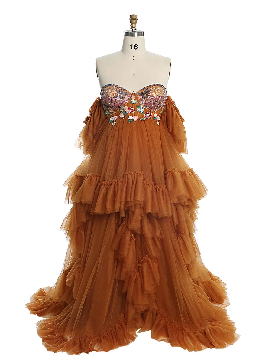 Tulle with Embroidery Lace Maternity Dress for Photo Shoot Ruffles Maxi Woman Photography Dress Outfit YW220628