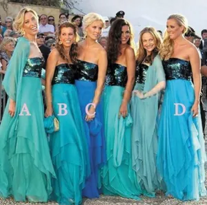 turquoise blue bridesmaid dresses long sequin chiffon a line tiered cheap mismatched wedding party dresses