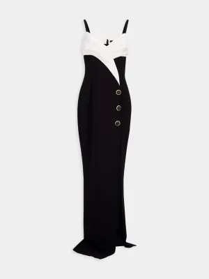Two-Tone Long Crepe Dress with Leg Slit