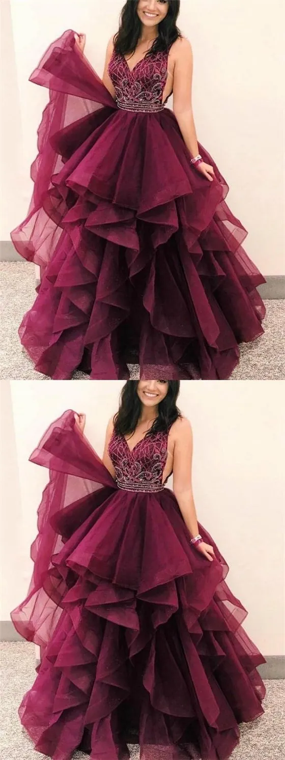V-neck Beaded Long Prom Dresses, Popular Ball Gown, Prom Dresses, BG0447