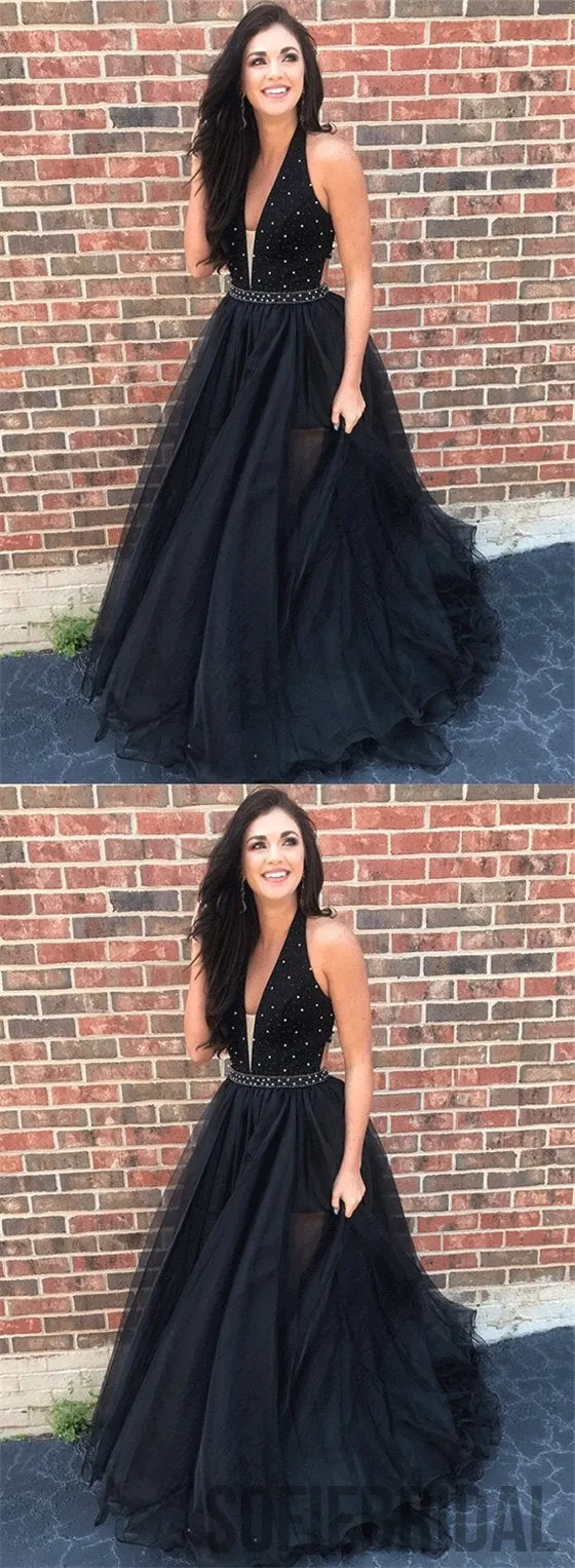 V-neck Black Prom Dresses, Beaded Prom Dresses, Long Prom Dresses, Prom Dresses, PD0675