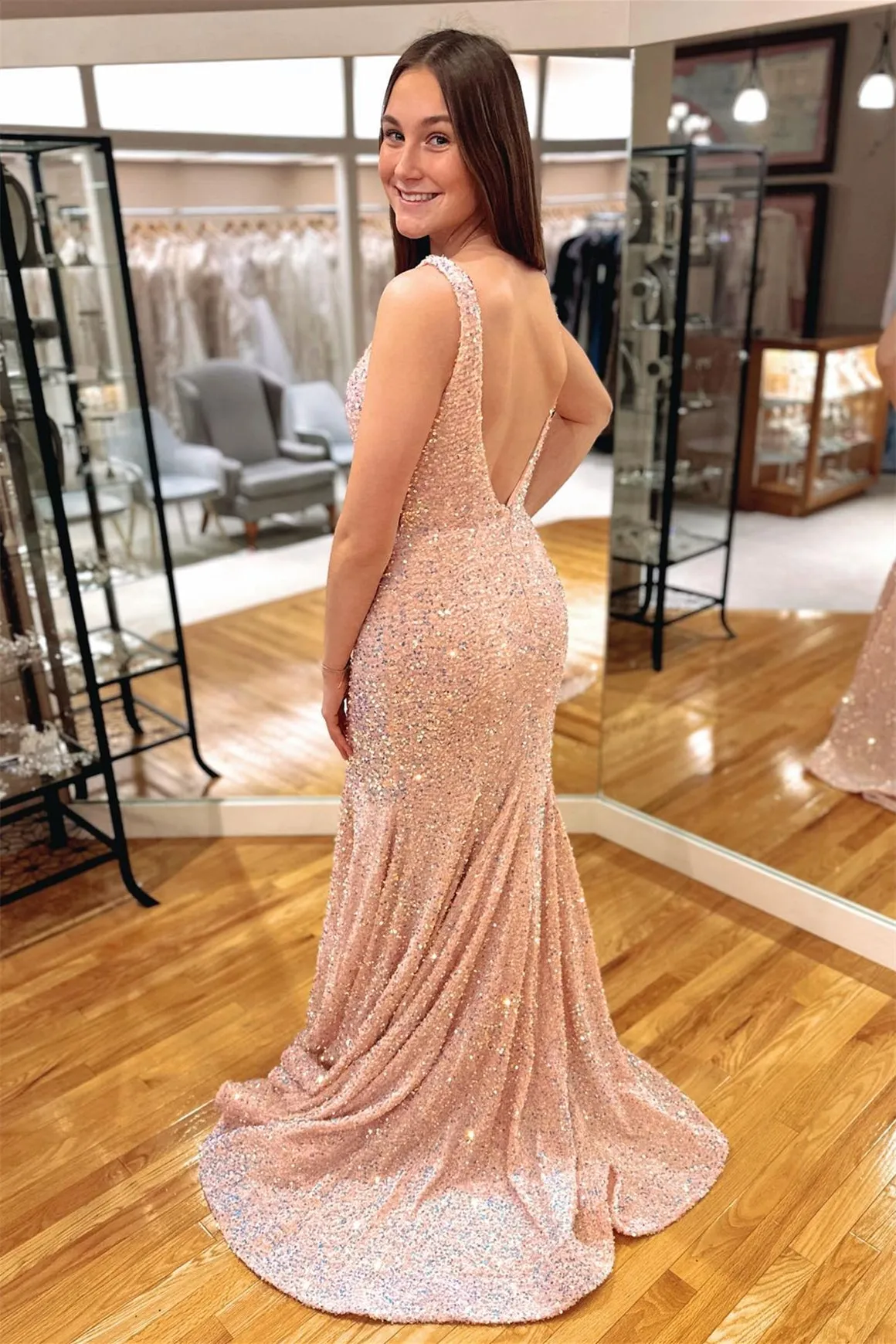 V Neck Pink Sequin Mermaid Long Prom Dress