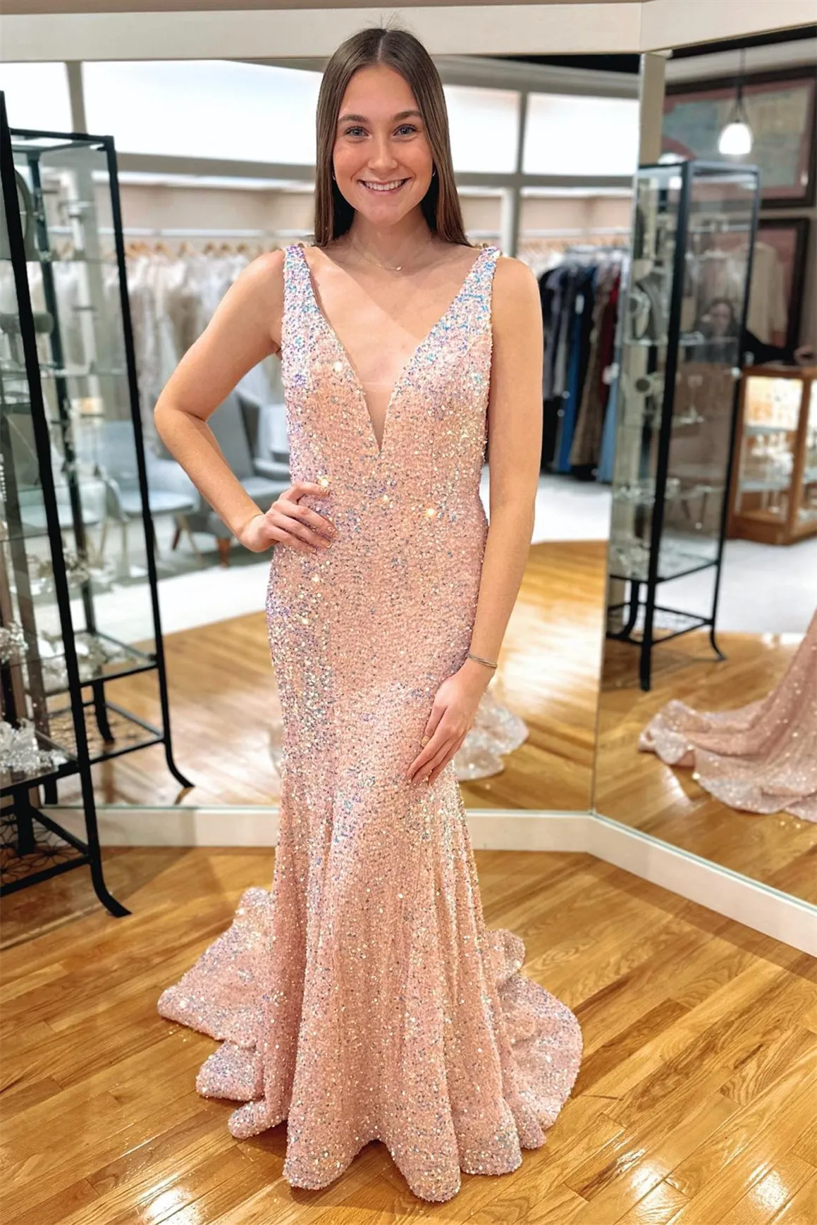 V Neck Pink Sequin Mermaid Long Prom Dress