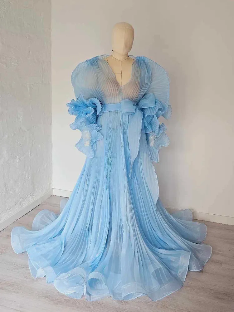 V Neck Pleated Organza Maternity Dresses for Photoshoot Big Skirt Sheer Dress for Maternity Baby Shower