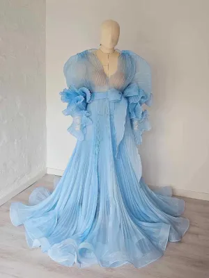 V Neck Pleated Organza Maternity Dresses for Photoshoot Big Skirt Sheer Dress for Maternity Baby Shower