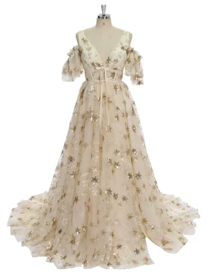 V-Neck Sequin Star Champagne Color Wedding Dress Elegant Ladies Beach Ball Dress 60cm Train YW240073
