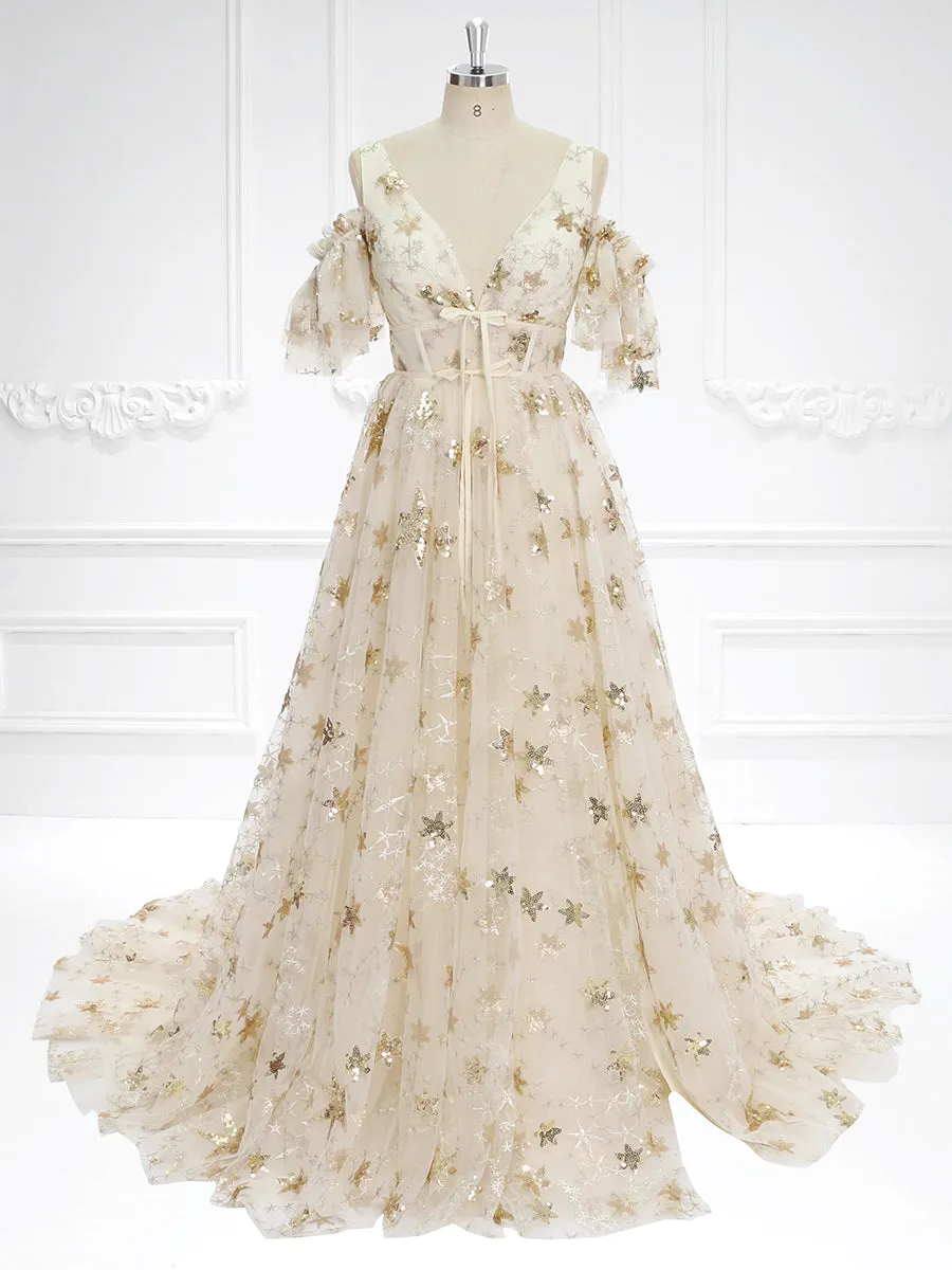 V-Neck Sequin Star Champagne Color Wedding Dress Elegant Ladies Beach Ball Dress 60cm Train YW240073