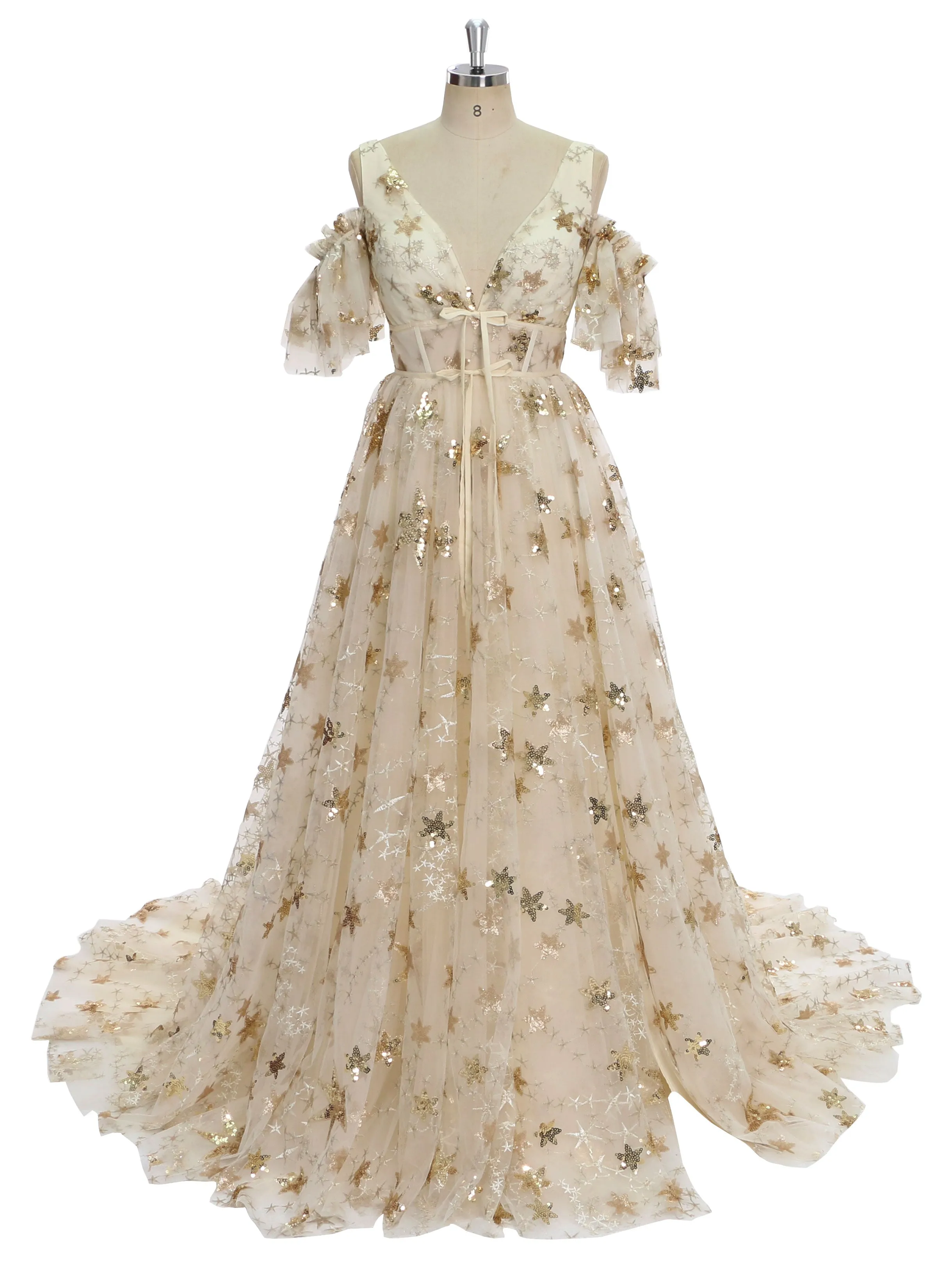 V-Neck Sequin Star Champagne Color Wedding Dress Elegant Ladies Beach Ball Dress 60cm Train YW240073
