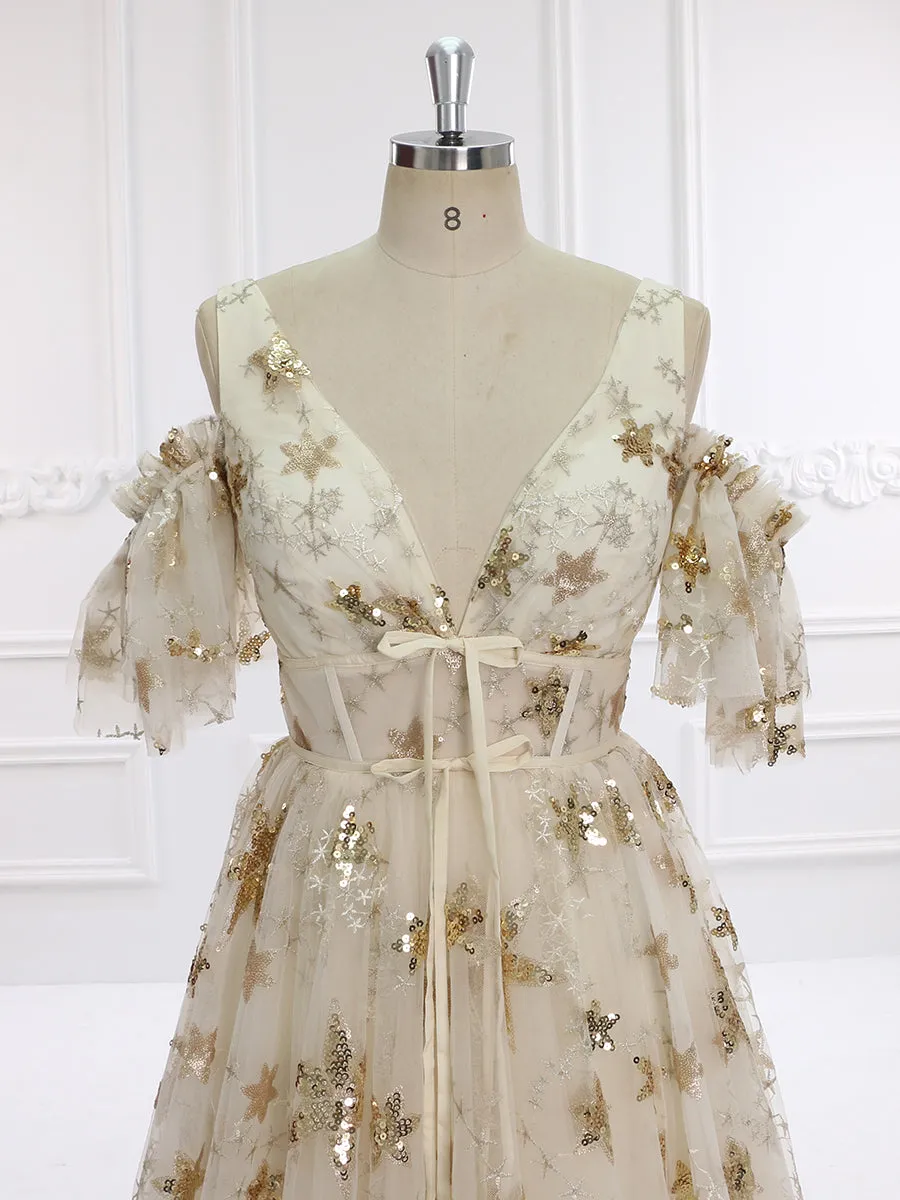 V-Neck Sequin Star Champagne Color Wedding Dress Elegant Ladies Beach Ball Dress 60cm Train YW240073