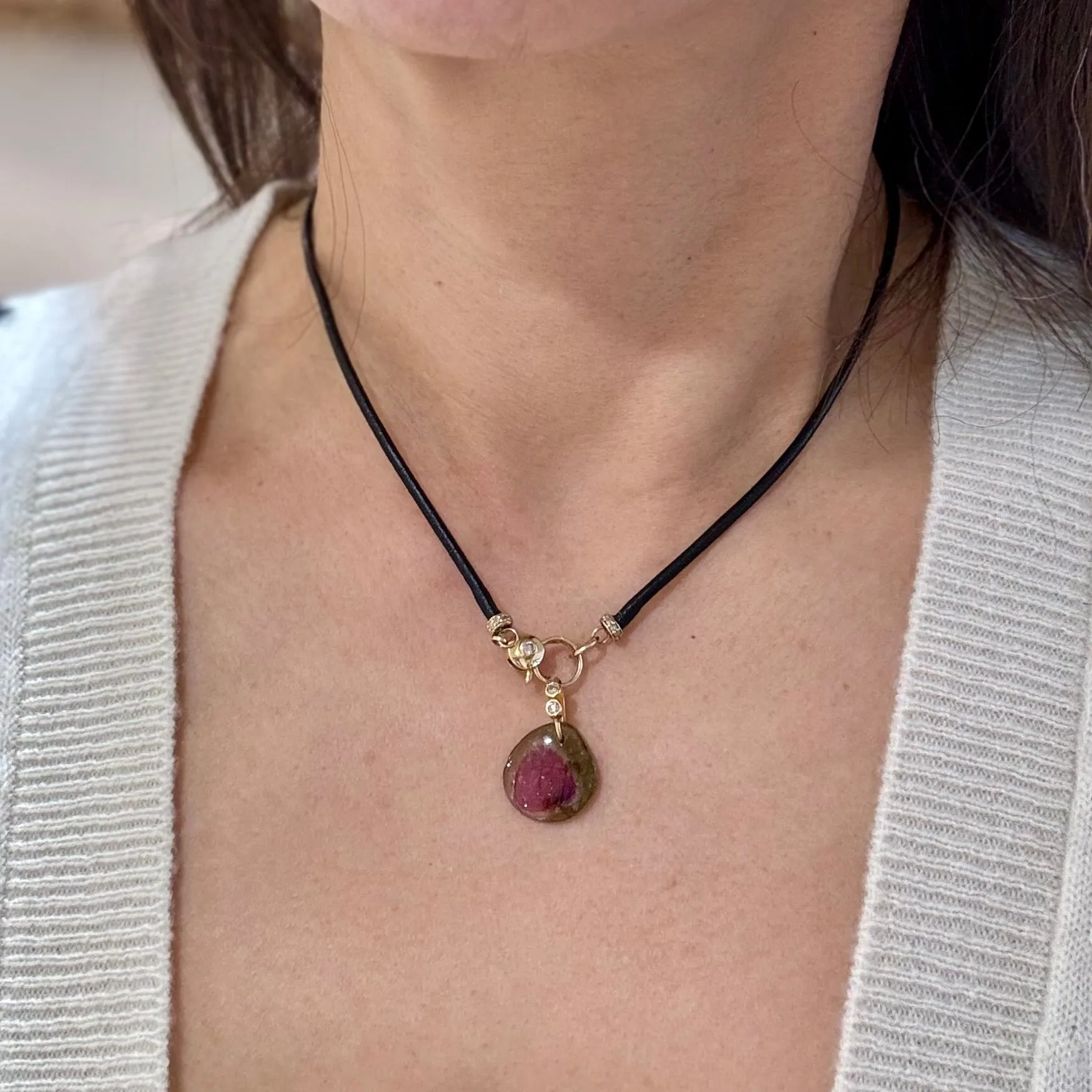 Watermelon Tourmaline Pendant With Thin Leather Necklace