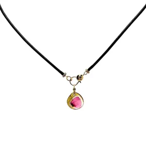 Watermelon Tourmaline Pendant With Thin Leather Necklace