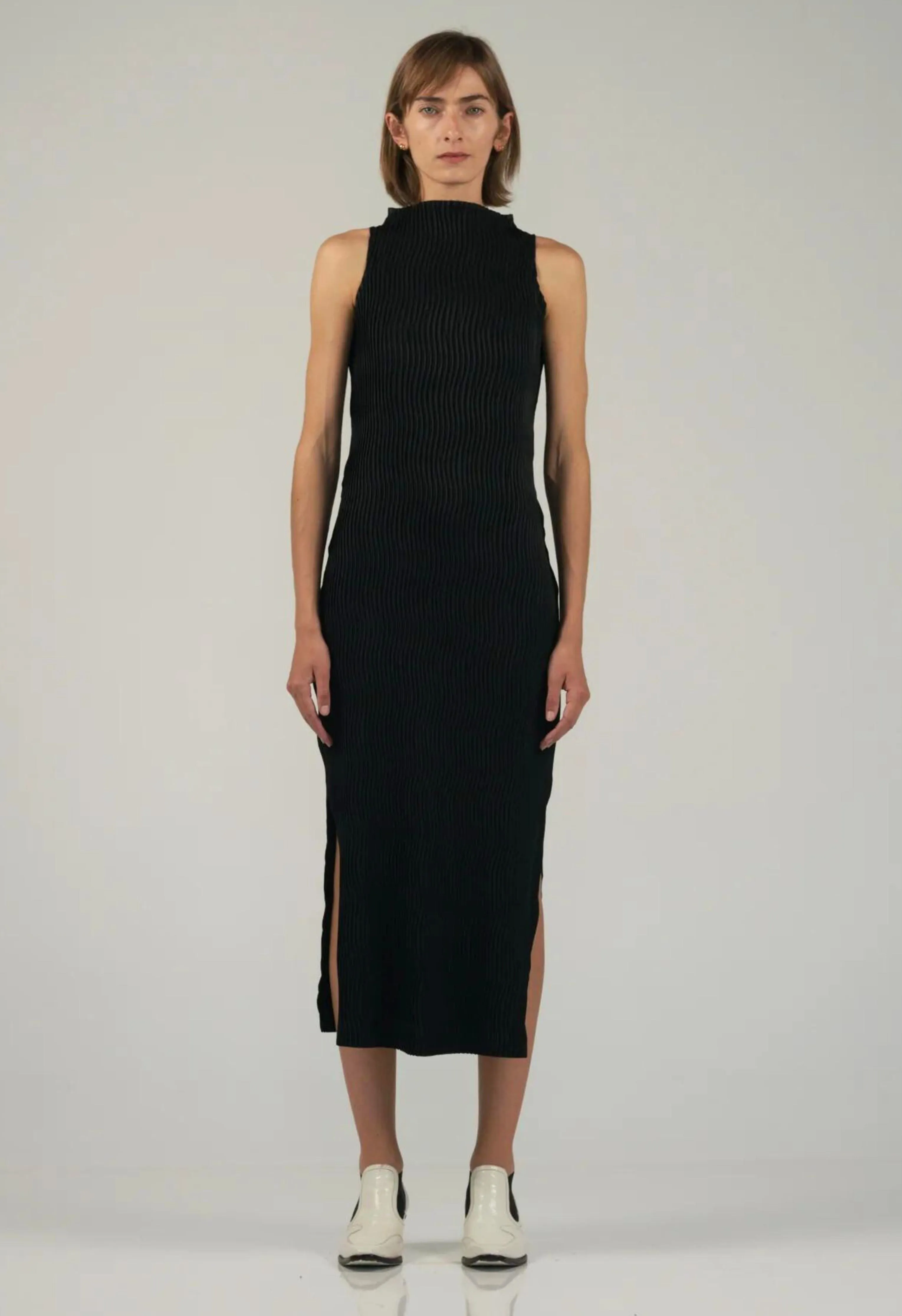 Wave Tank Dress in Black Shine