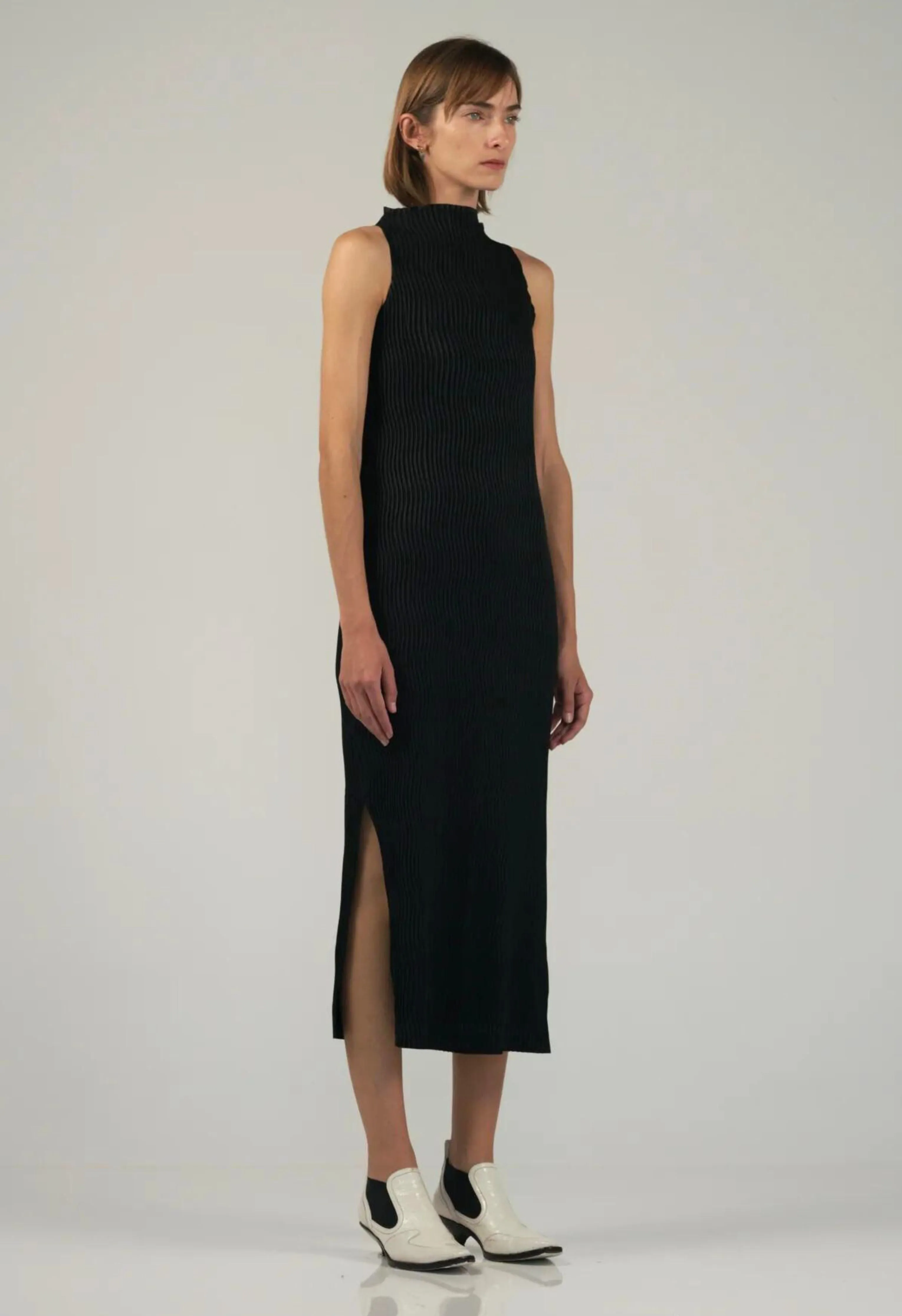 Wave Tank Dress in Black Shine