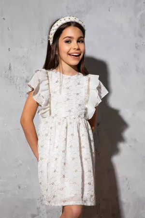 White and gold floral dress with metal fringes and frilled sleeves