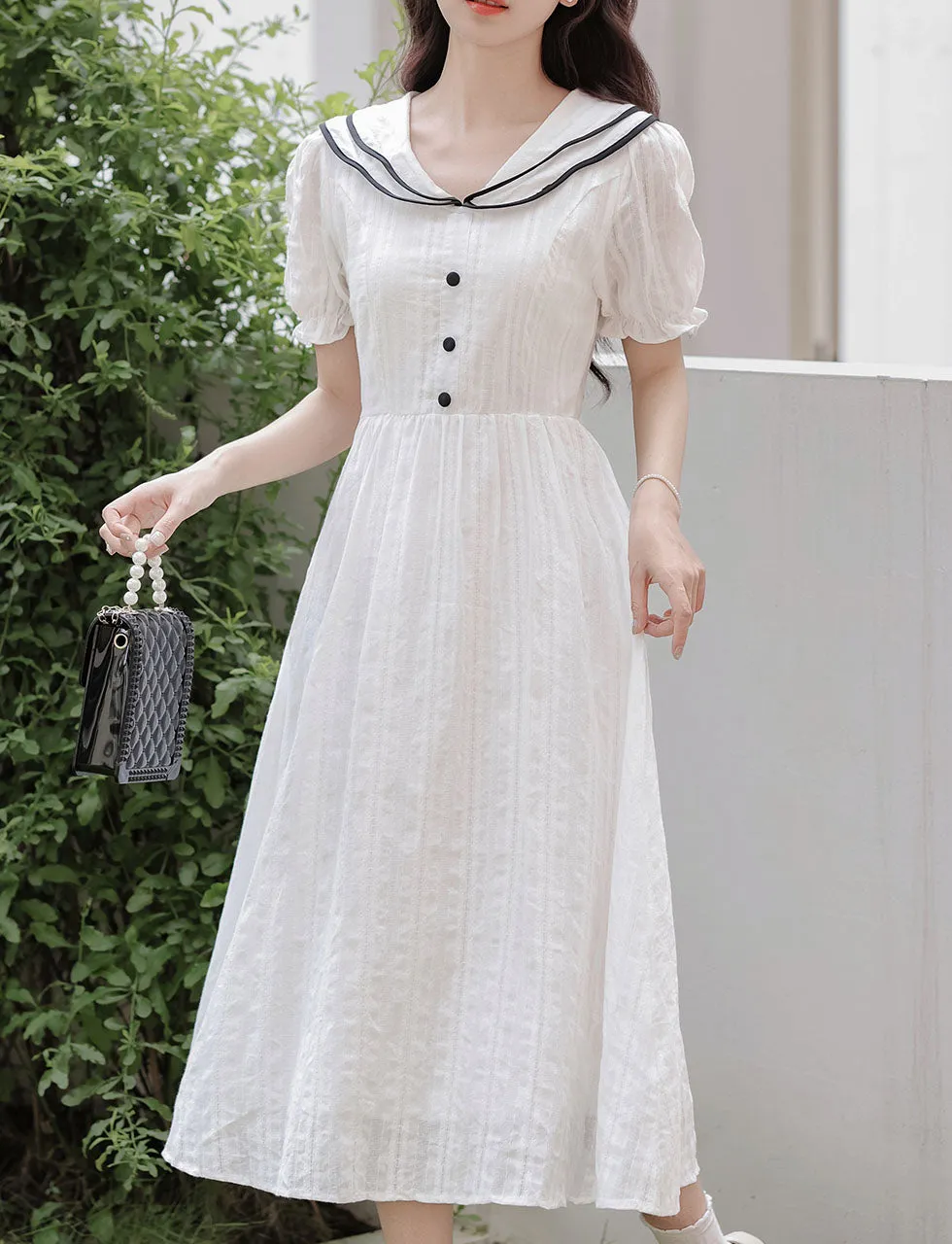 White Sailor Style 1950S Vintage Cotton Dress