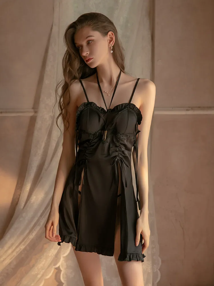 Women Chemise Blue Spaghetti Strap Backless Lace Lingerie