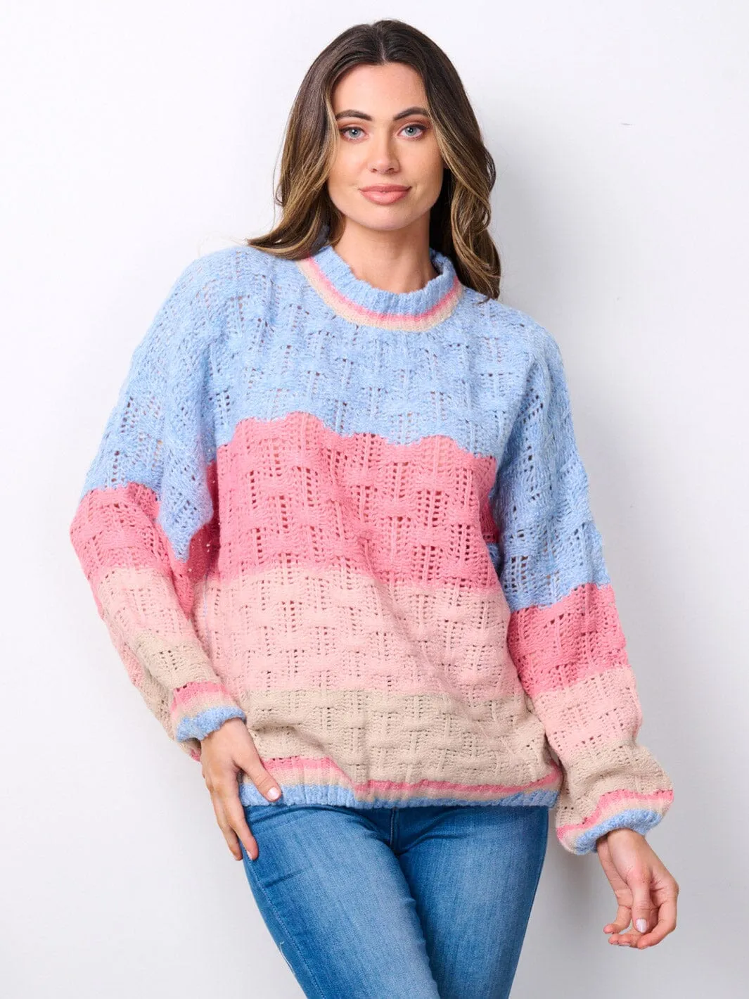 WOMEN'S LONG SLEEVE COLORBLOCK KNIT PULLOVER SWEATER