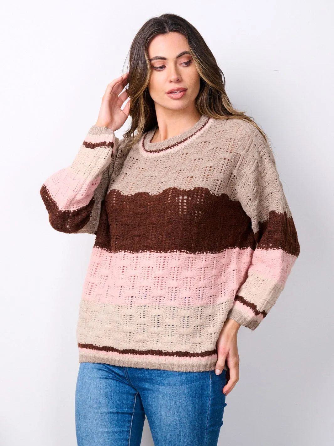 WOMEN'S LONG SLEEVE COLORBLOCK KNIT PULLOVER SWEATER