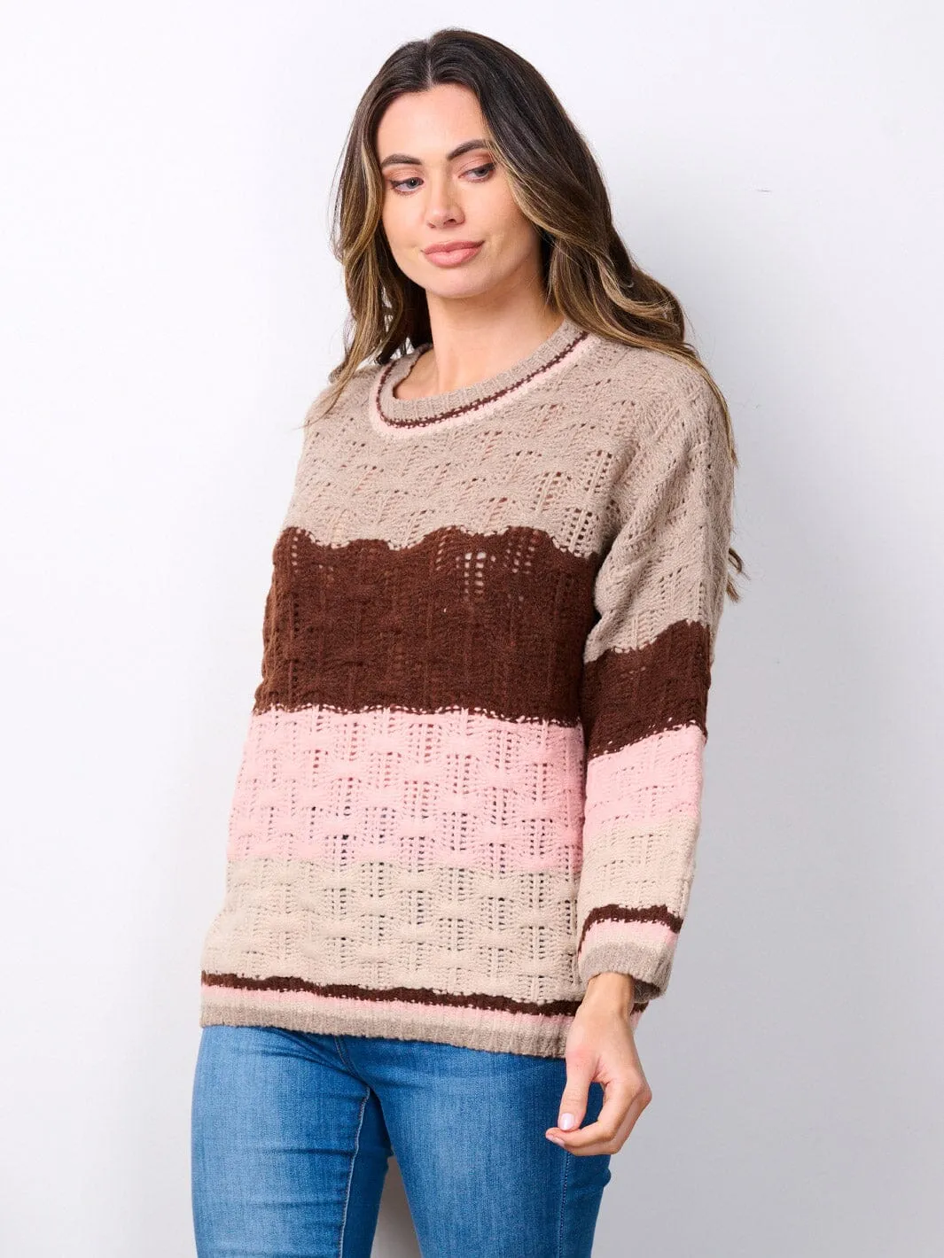 WOMEN'S LONG SLEEVE COLORBLOCK KNIT PULLOVER SWEATER