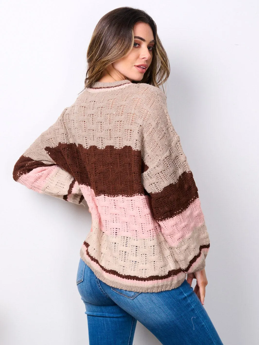 WOMEN'S LONG SLEEVE COLORBLOCK KNIT PULLOVER SWEATER
