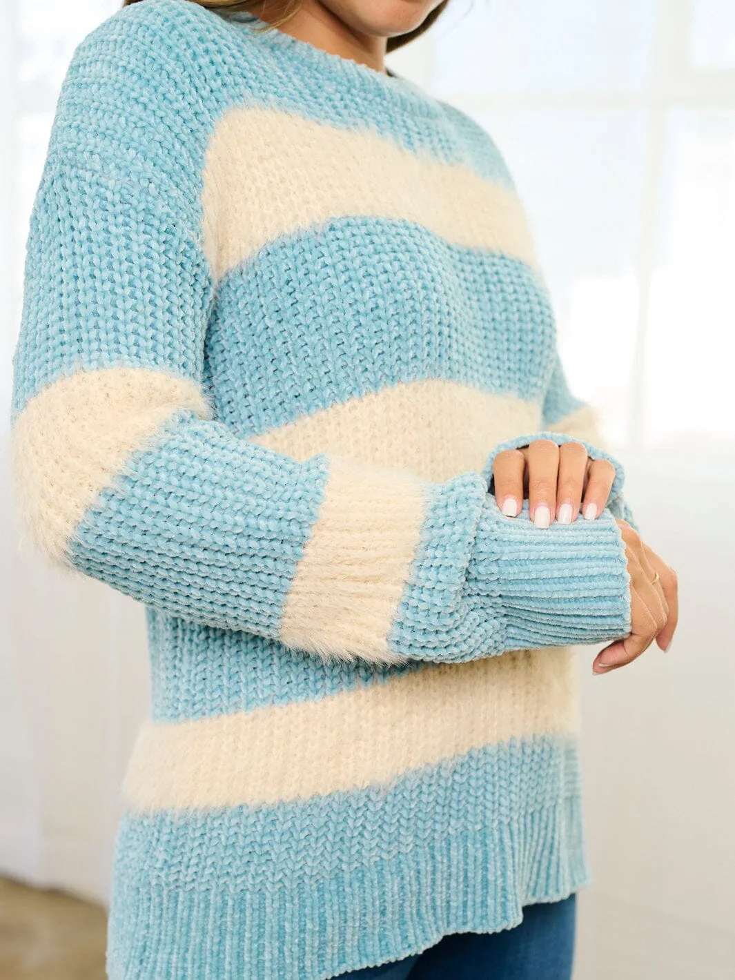 WOMEN'S LONG SLEEVE COLORBLOCK STRIPES PULLOVER SWEATER