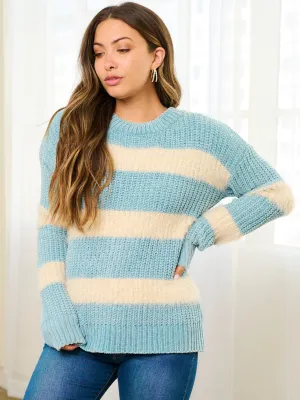 WOMEN'S LONG SLEEVE COLORBLOCK STRIPES PULLOVER SWEATER