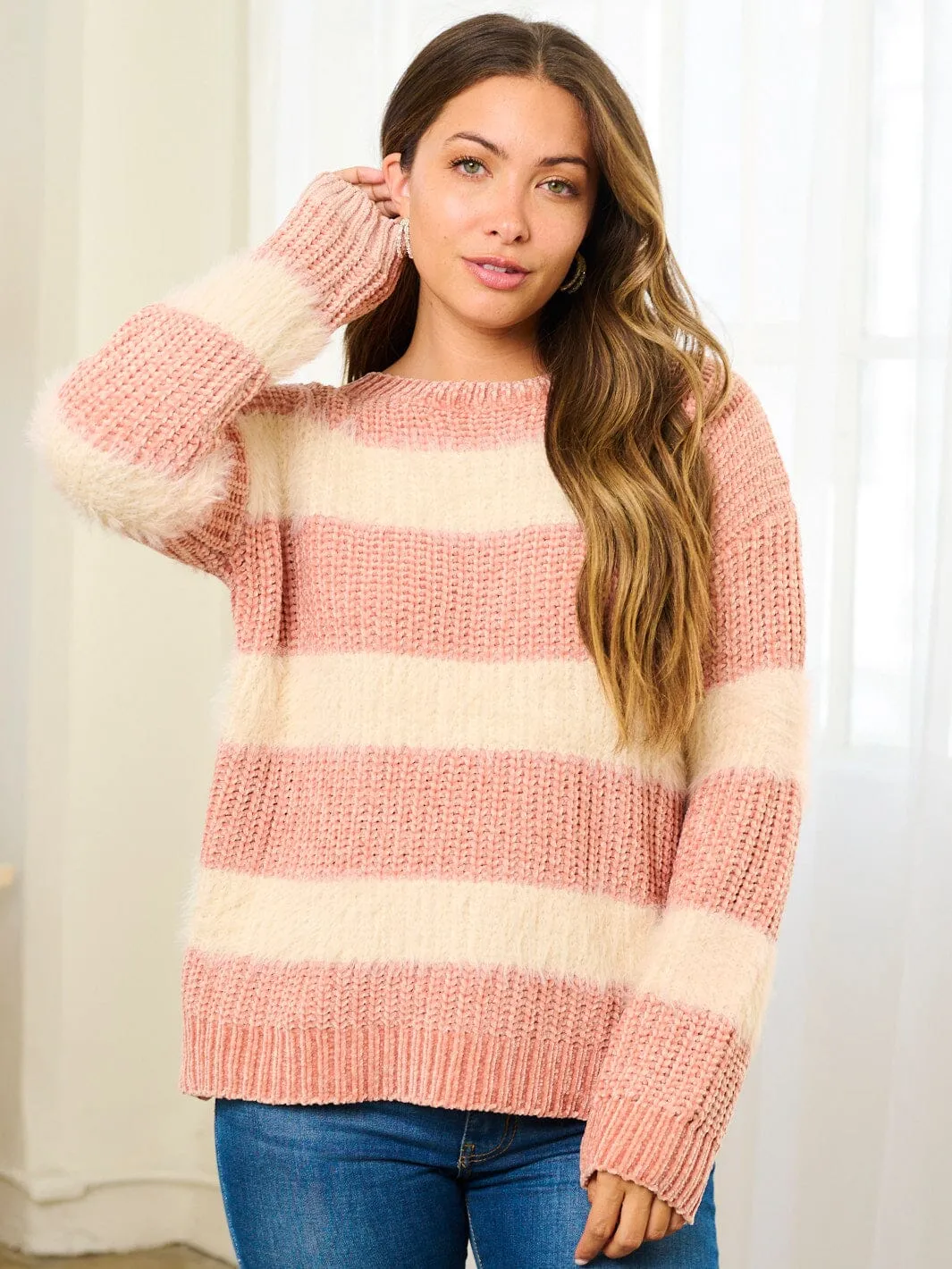 WOMEN'S LONG SLEEVE COLORBLOCK STRIPES PULLOVER SWEATER