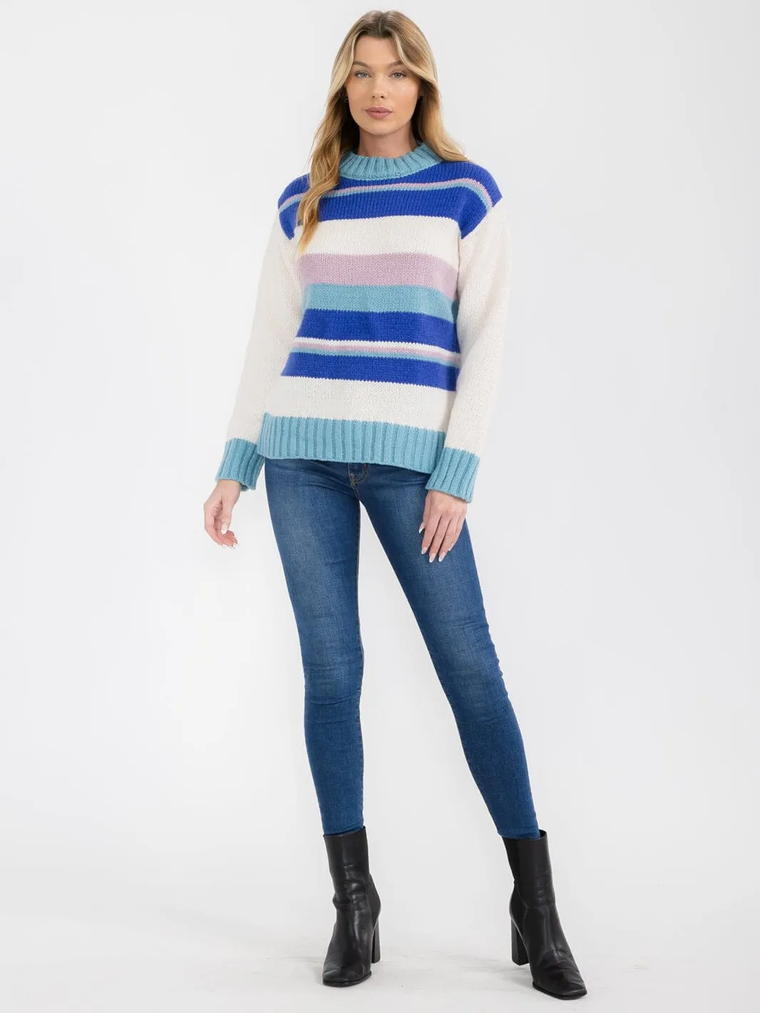 WOMEN'S LONG SLEEVE COLORBLOCK STRIPES PULLOVER SWEATER