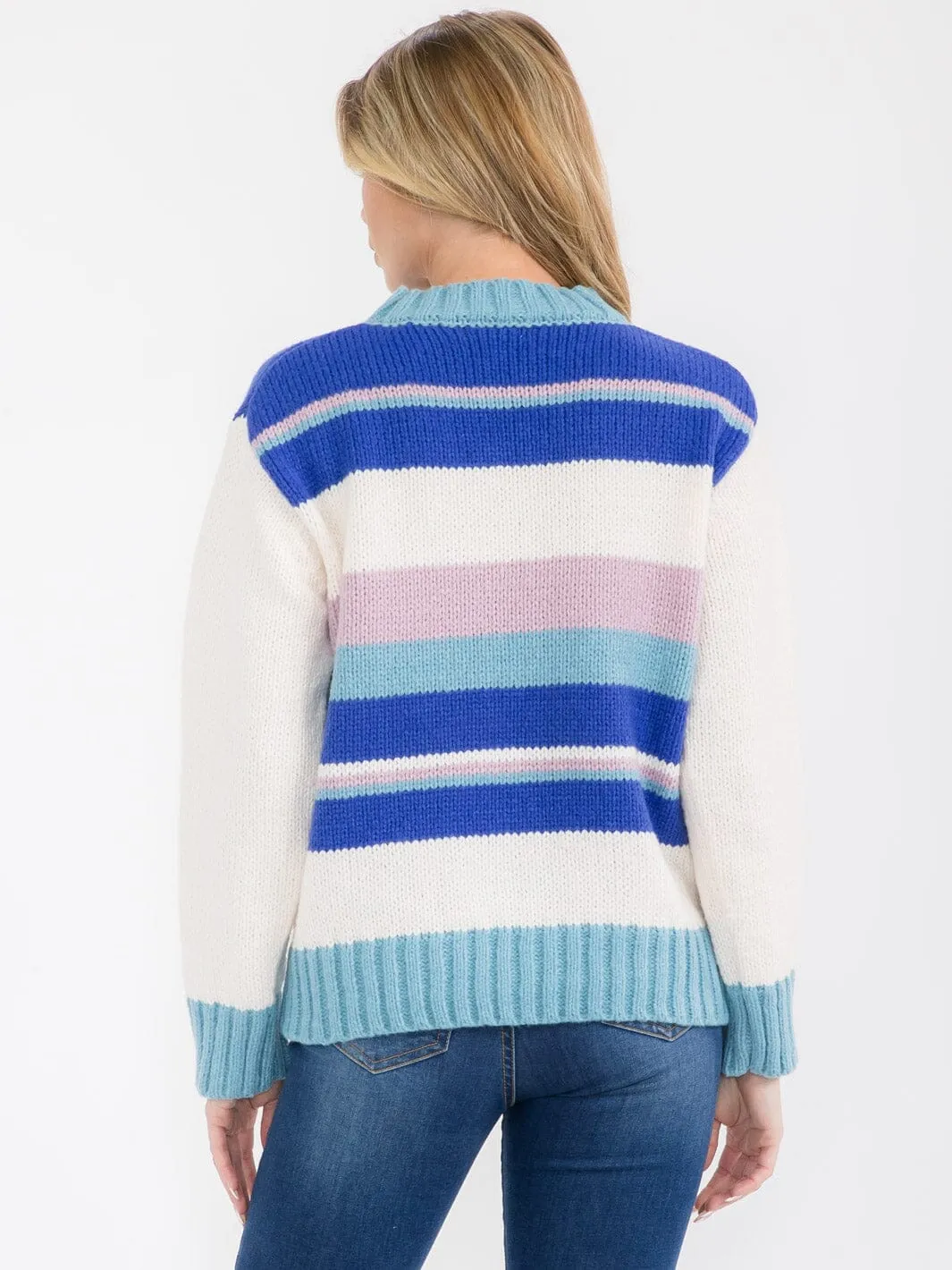 WOMEN'S LONG SLEEVE COLORBLOCK STRIPES PULLOVER SWEATER